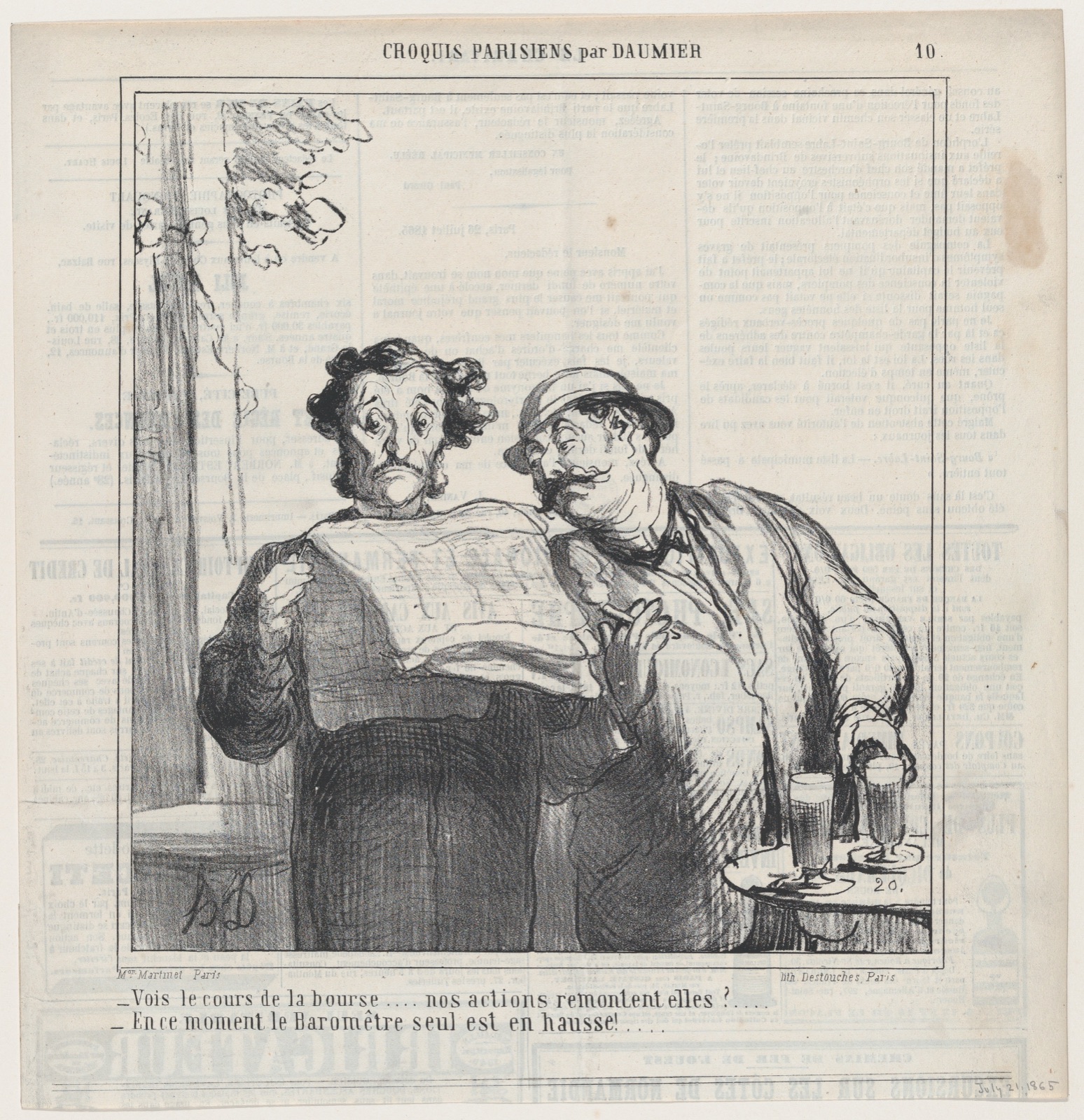Daumier lithograph: two men in a café reading the stock prices in a newspaper